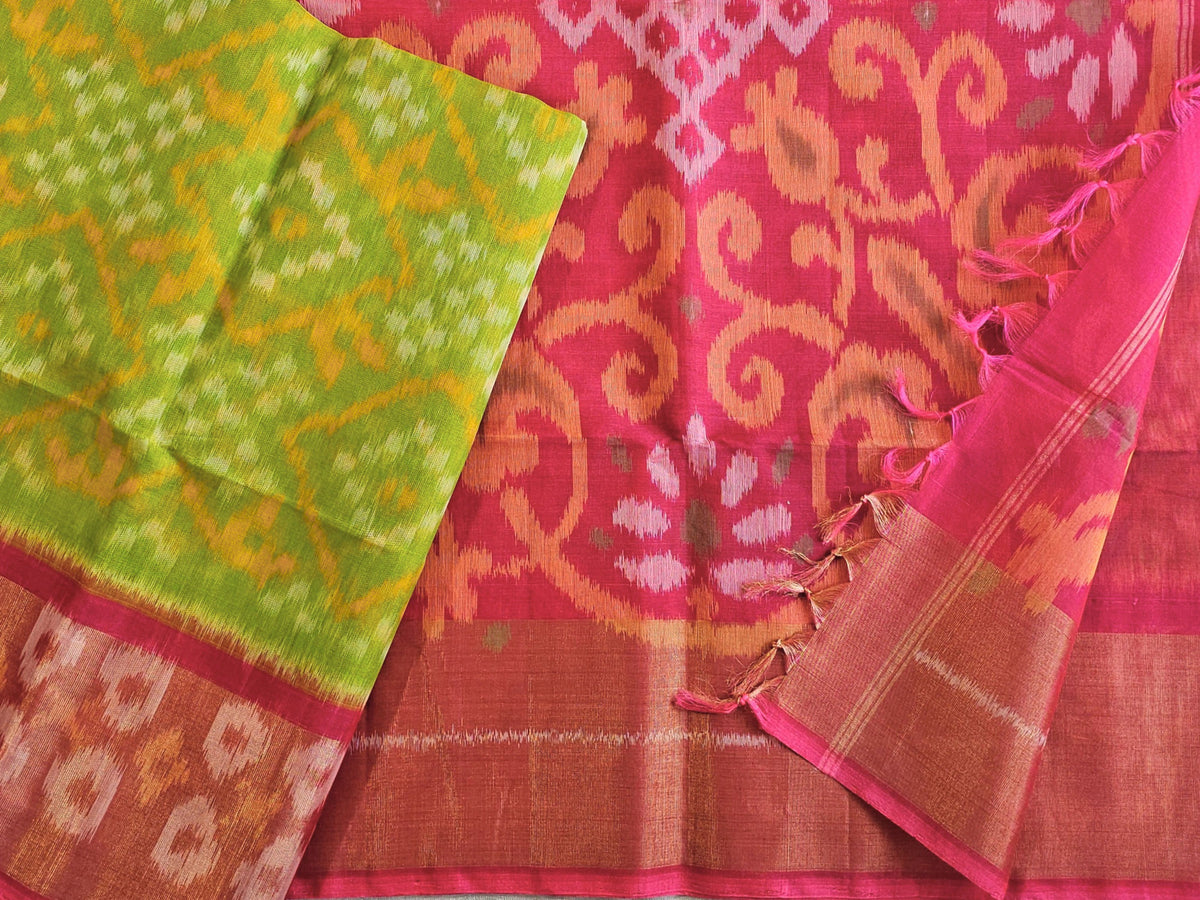 Green with Peach Pochampally Ikkat Silk Cotton (SICO Pattu)
