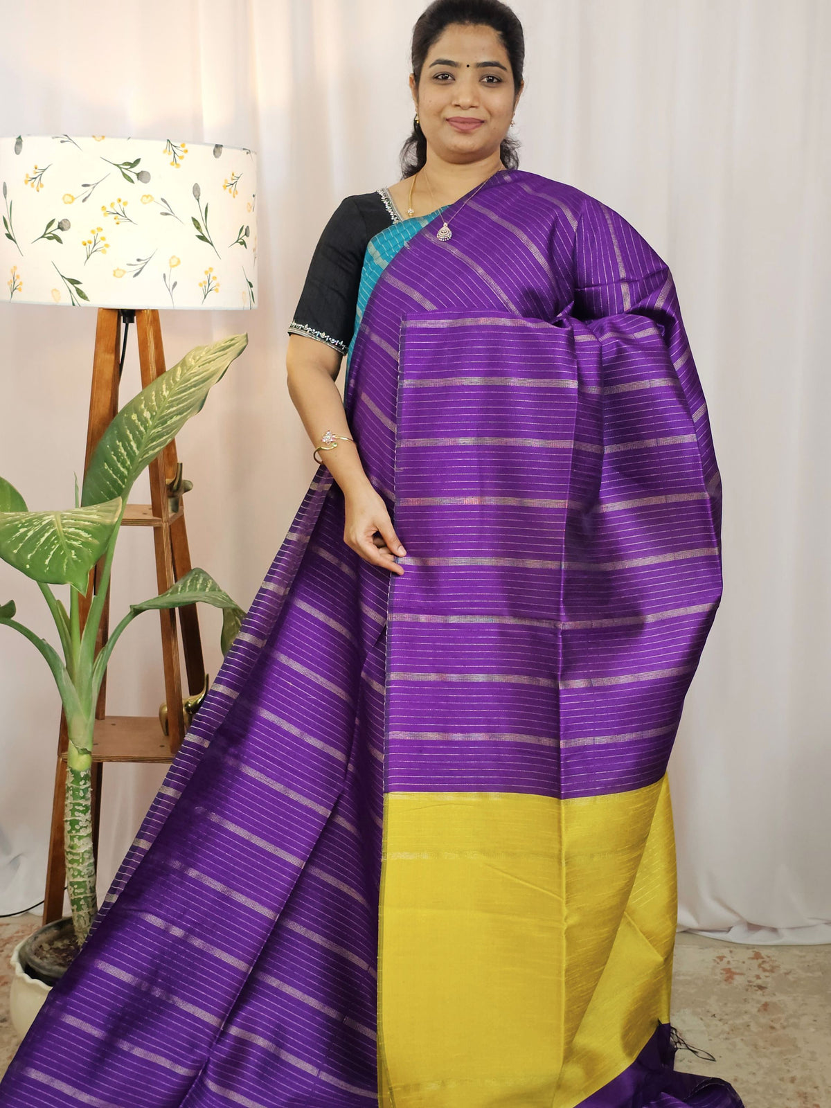 Semi Raw Silk -  Purple with Yellow