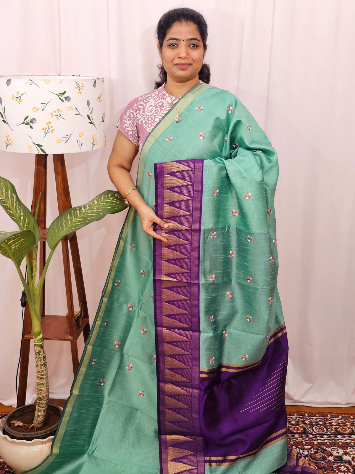 Semi Raw Silk Saree with Emboridery -  Sea Green with Purple
