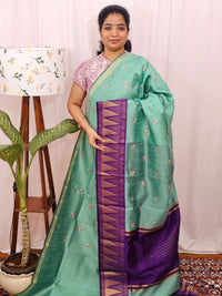 Semi Raw Silk Saree with Emboridery -  Sea Green with Purple