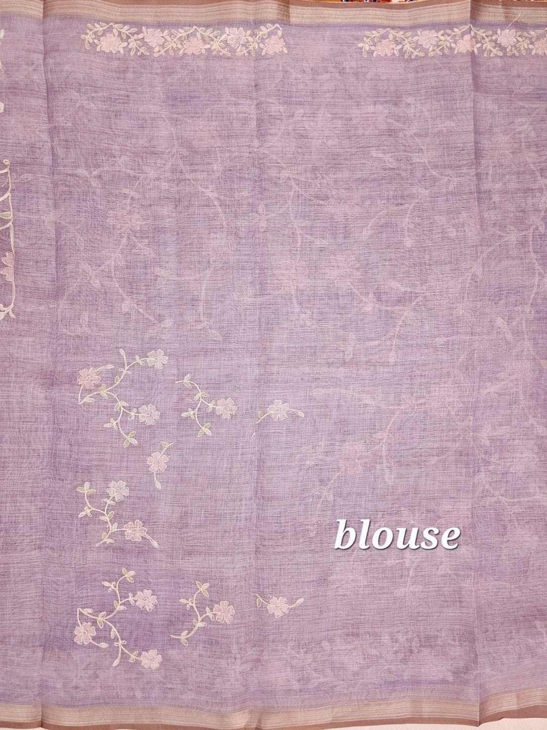 Linen Tissue with Aari Work - Smoky Blue- Lavender