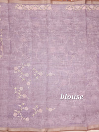 Linen Tissue with Aari Work - Smoky Blue- Lavender