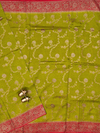Jute Banarasi Silk Saree - Green with Red