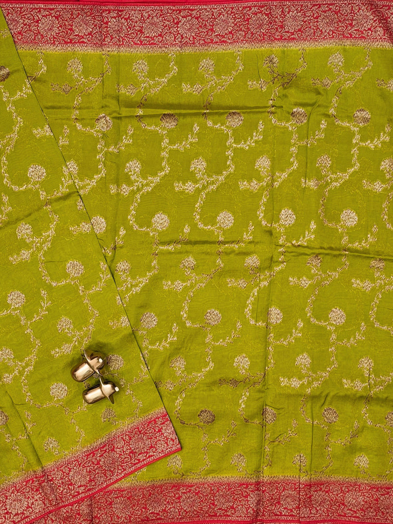 Jute Banarasi Silk Saree - Green with Red