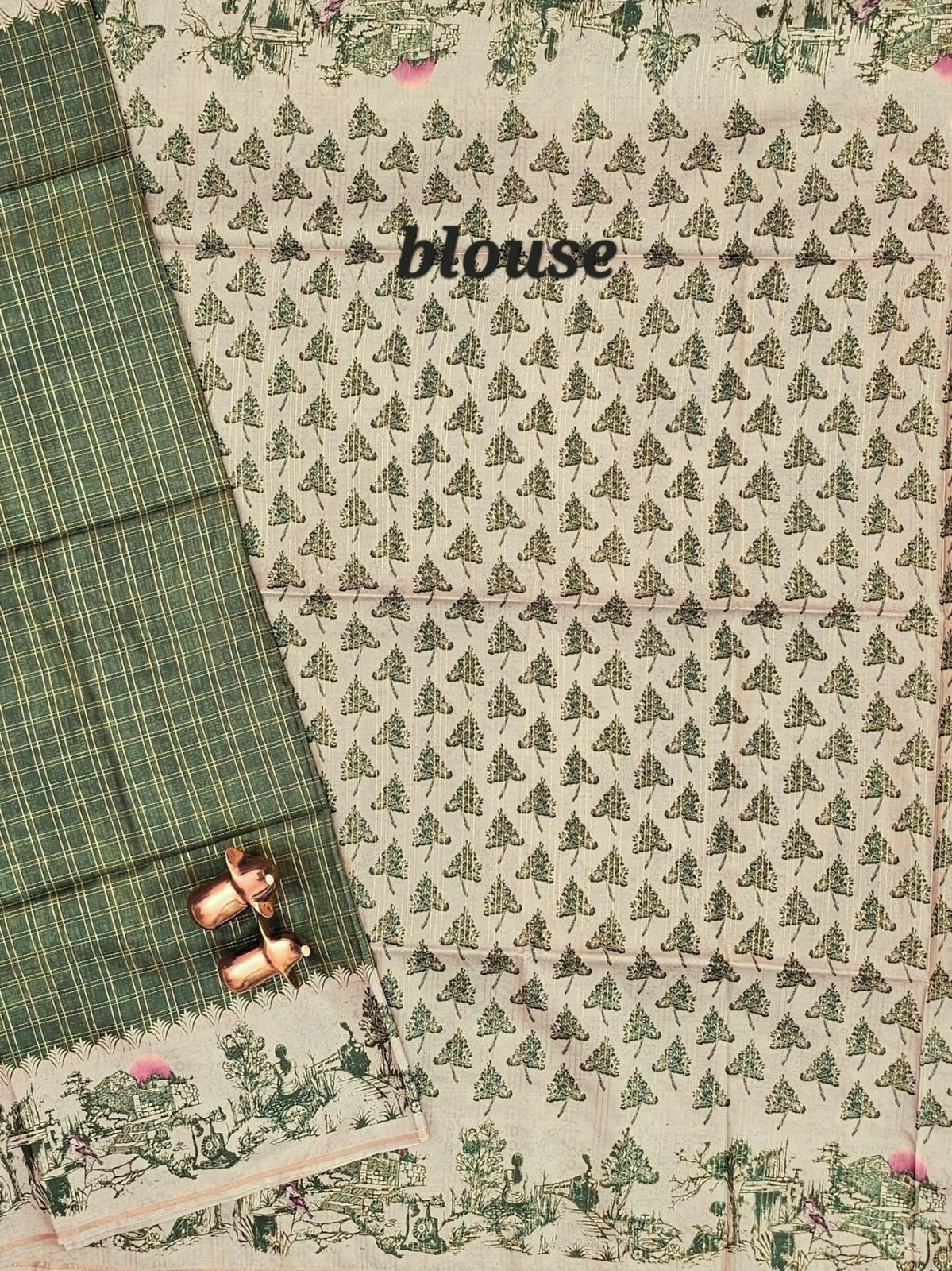 Soft Jute Tussar Checks Weaving with Border - Green