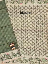 Soft Jute Tussar Checks Weaving with Border - Green