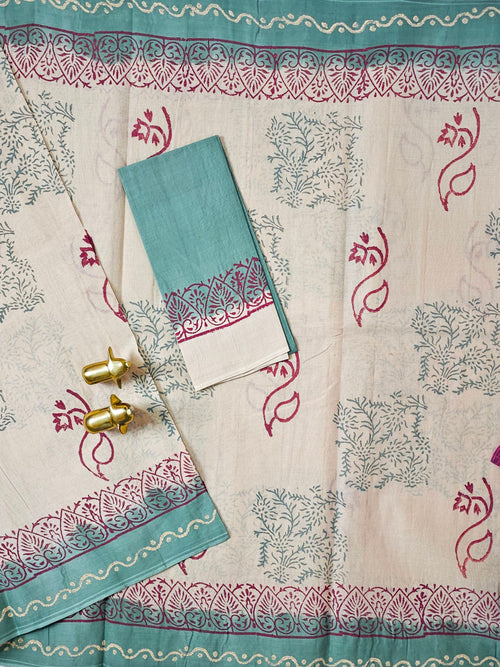 Pure Cotton with Hand Block Prints - Cream with Dark Sea Green