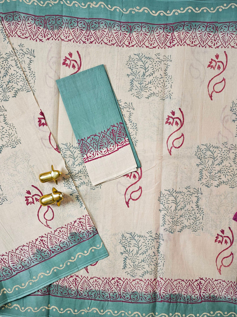Pure Cotton with Hand Block Prints - Cream with Dark Sea Green