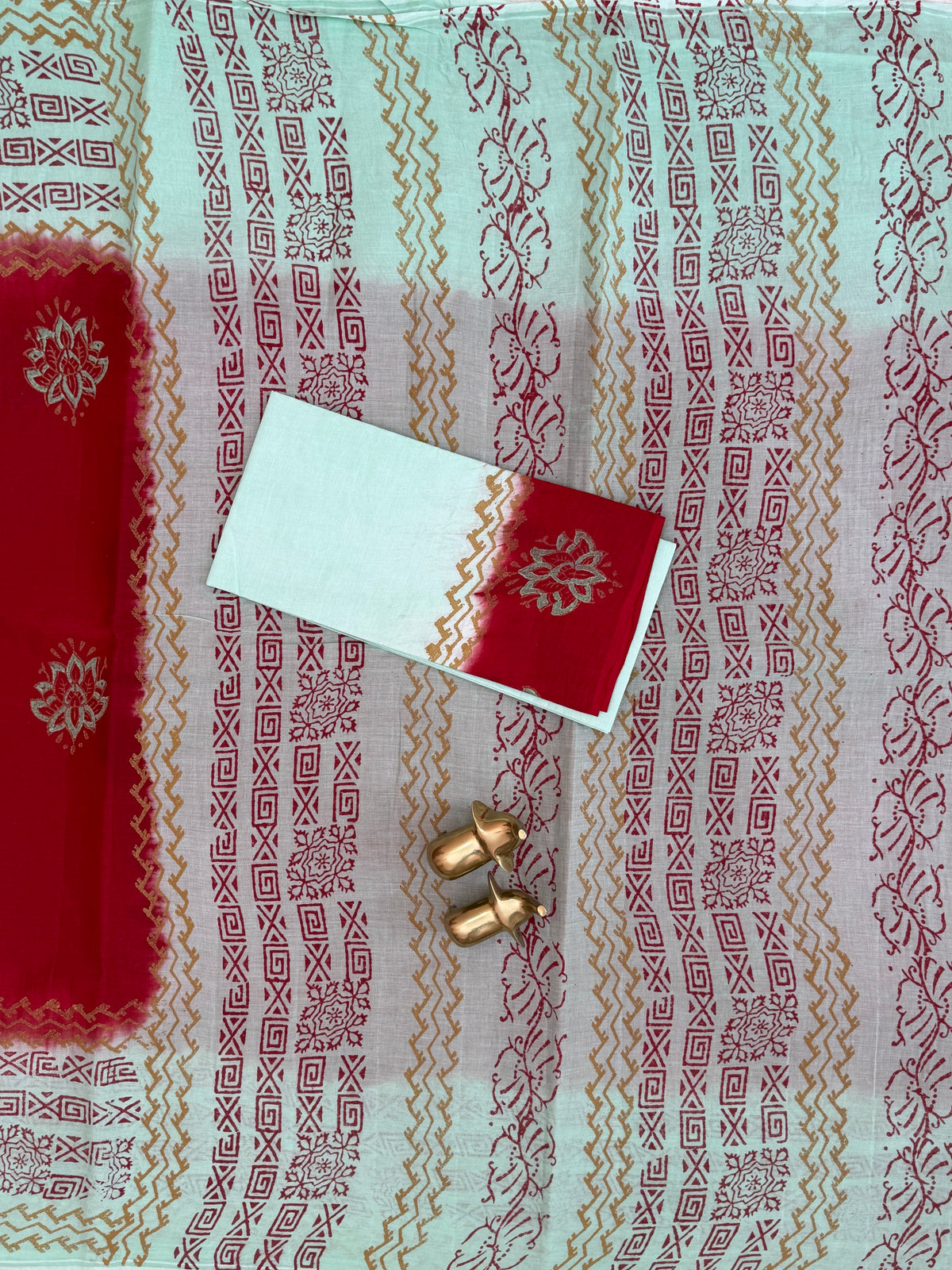 Pure Cotton with Hand Block Prints - Red with Light Green