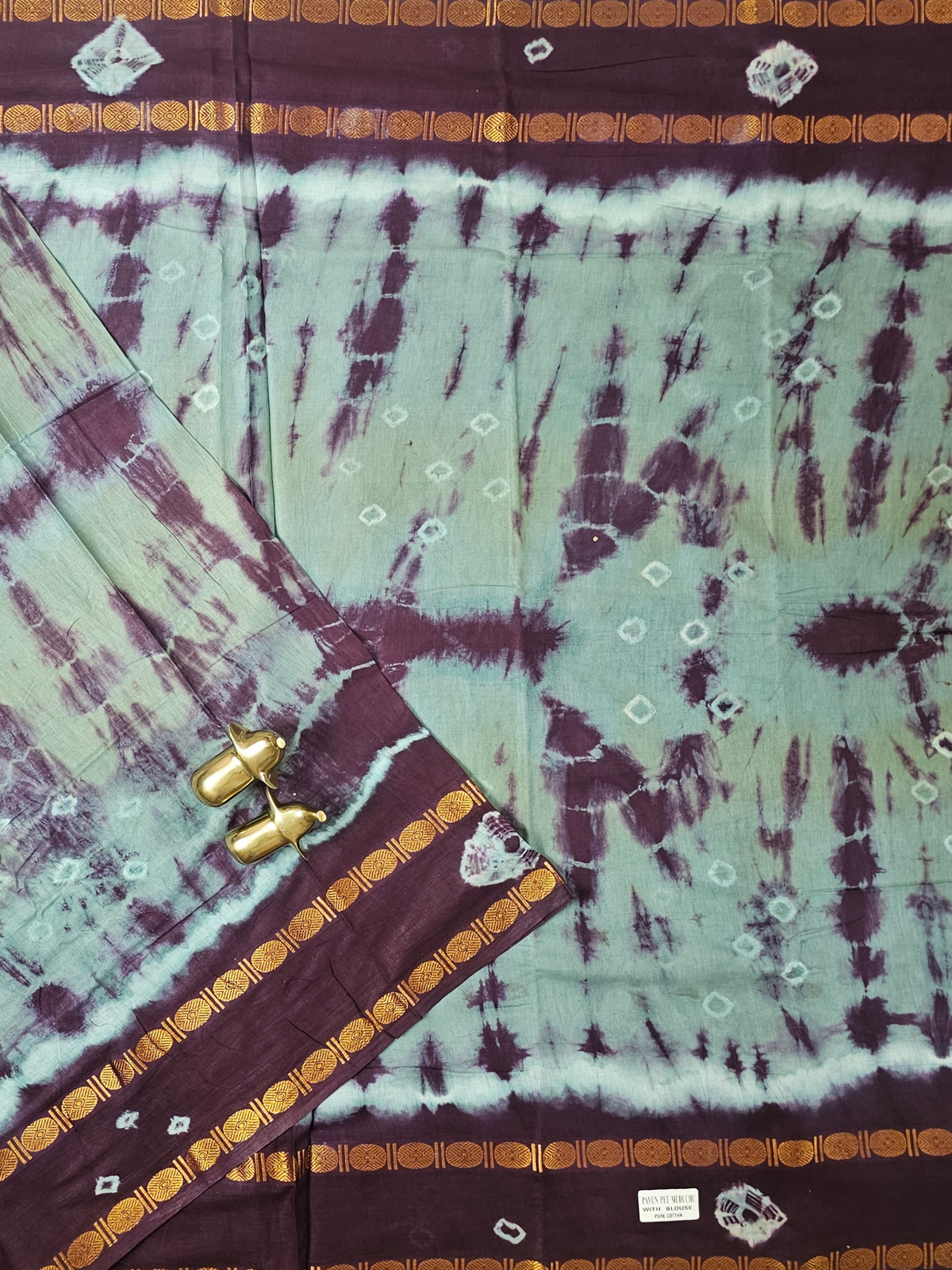 Madurai Sungadi Cotton Saree - Sage Green with Brown