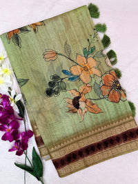 Unique Semi Tussar with Zari Border and Digital Prints - Green