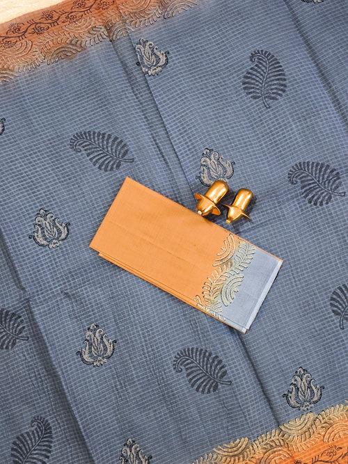 Pure Cotton with Checks Hand Block Prints - Grey With Brown