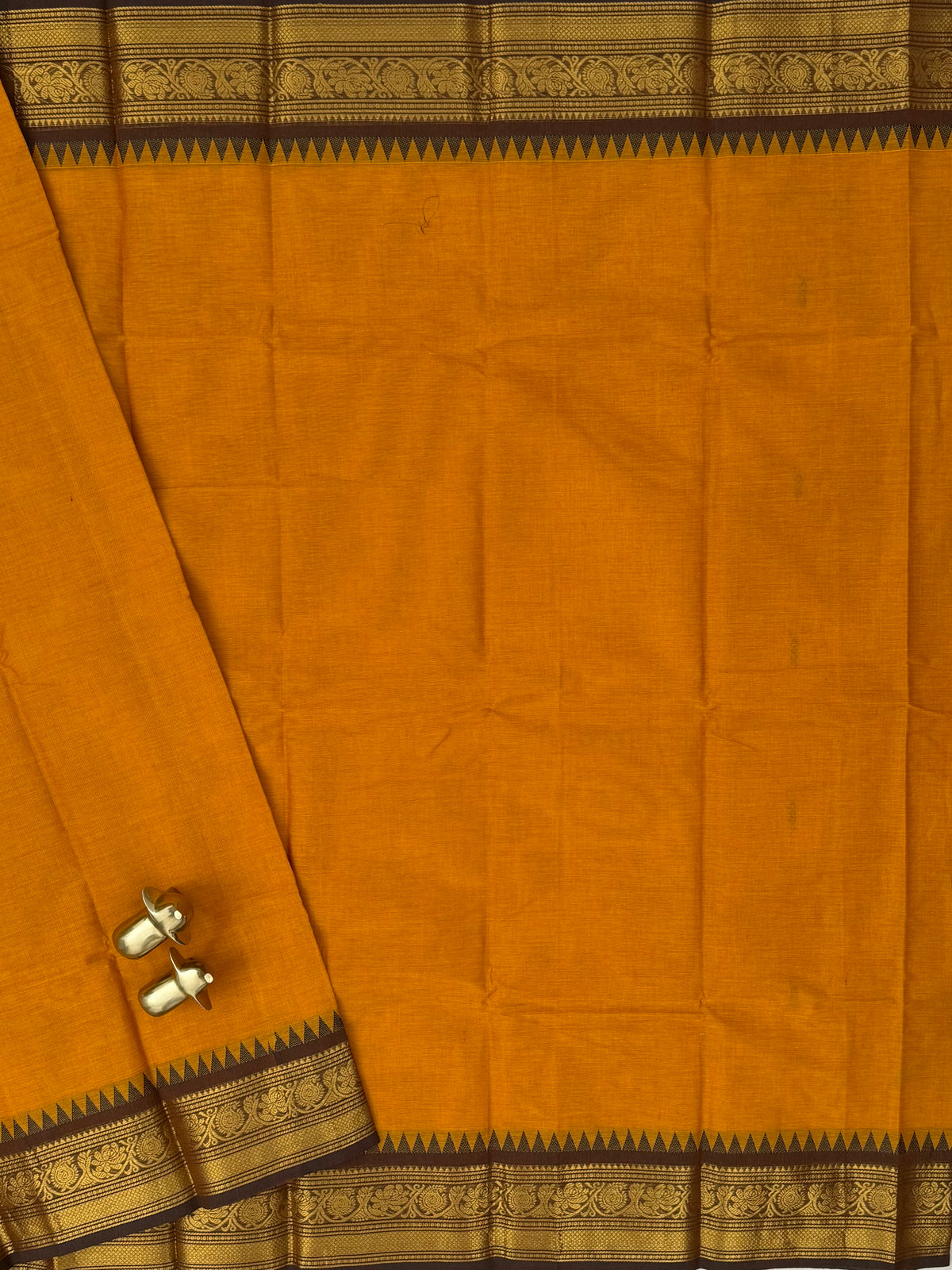 Chettinad Cotton Sarees - Mustard Yellow with Coffee Brown