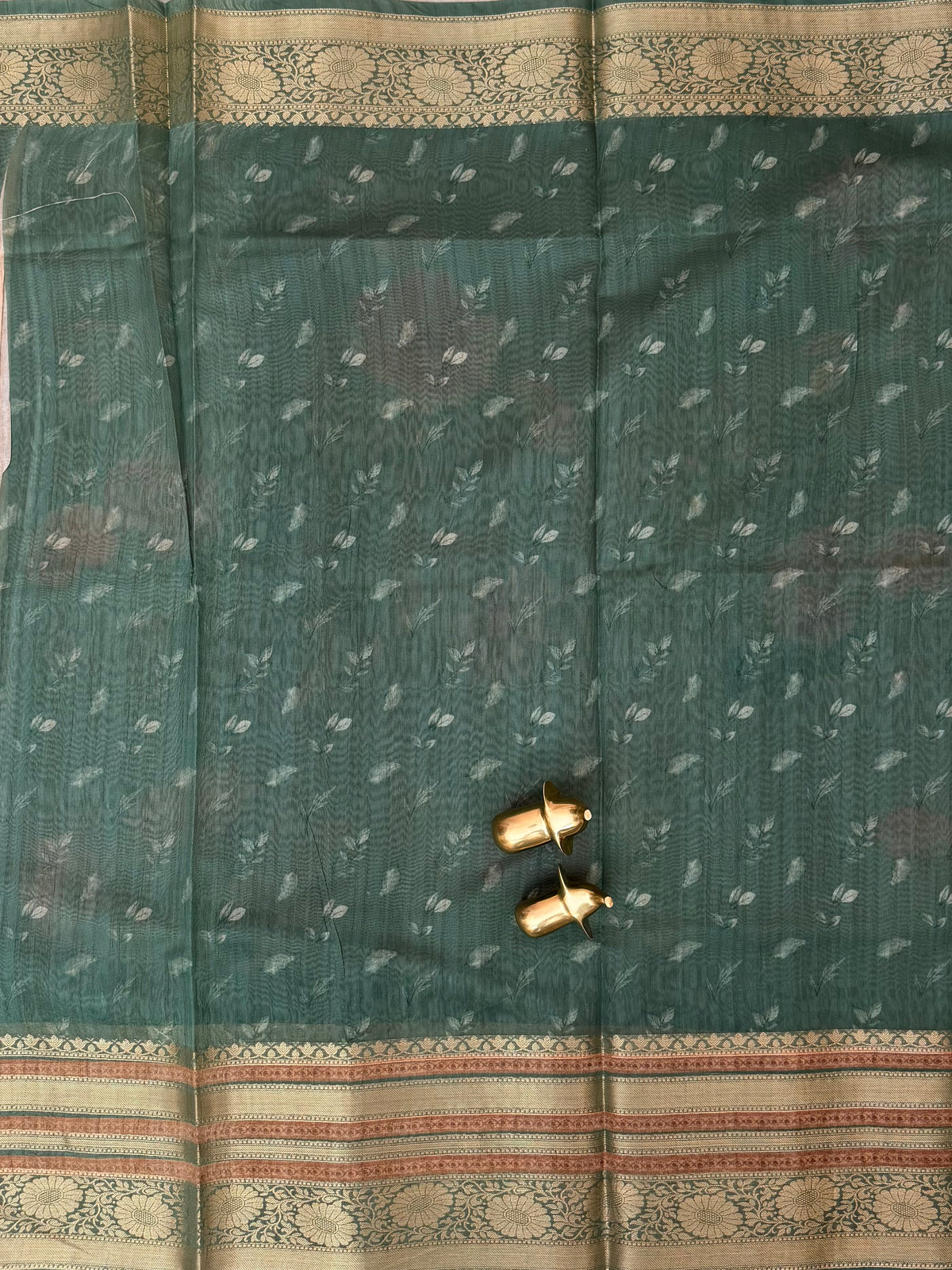 Unique Semi Tussar with Zari Border and Digital Prints - Dark Green