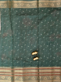 Unique Semi Tussar with Zari Border and Digital Prints - Dark Green