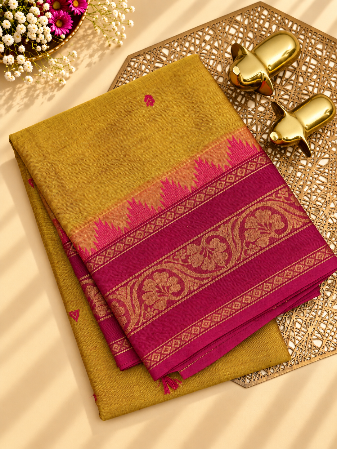 Chettinad Cotton Sarees - Dual Shade Mustard Yellow with Pink