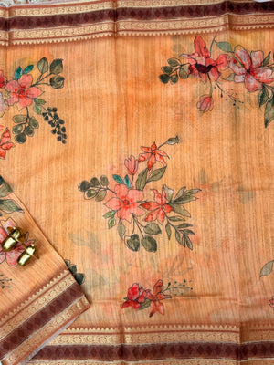 Unique Semi Tussar with Zari Border and Digital Prints - Brown
