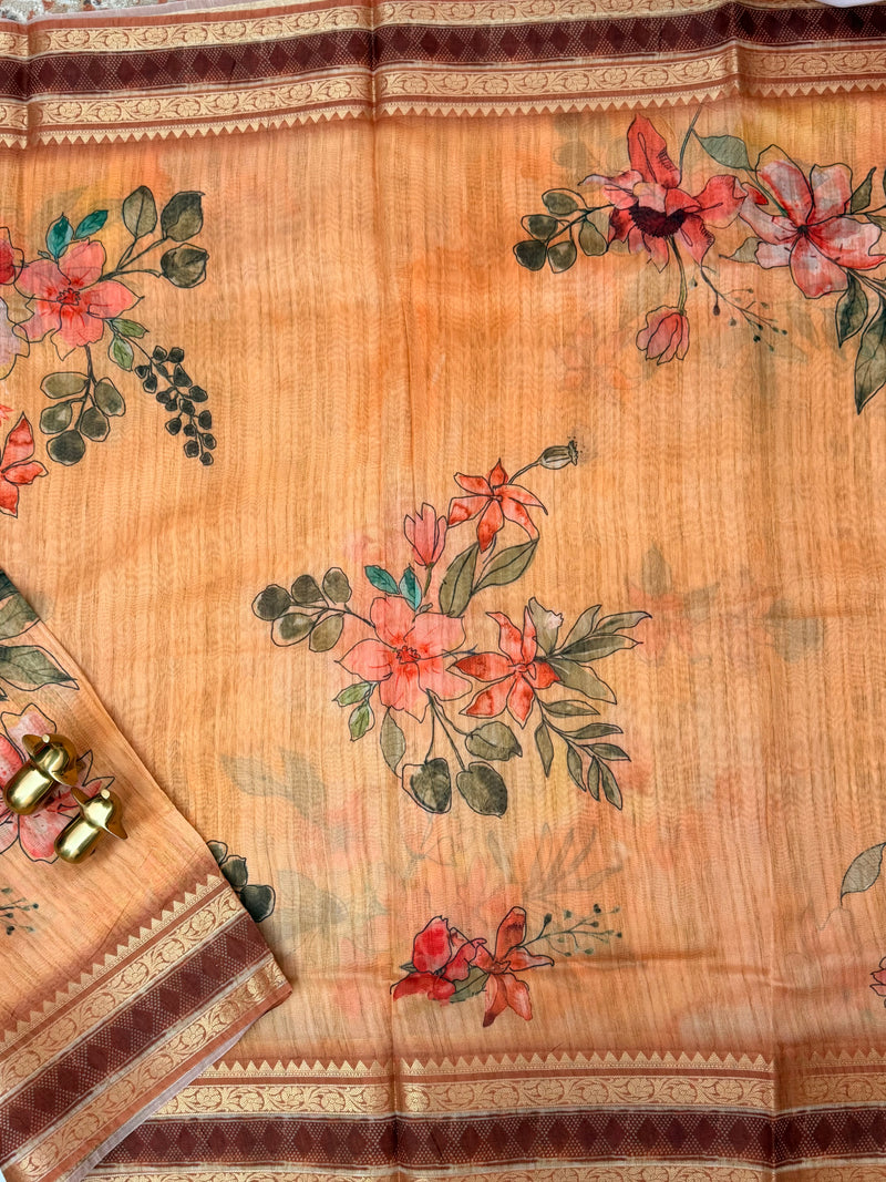 Unique Semi Tussar with Zari Border and Digital Prints - Brown