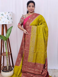 Jute Banarasi Silk Saree - Mehindi Green with Red