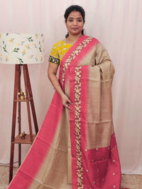 Premium Semi Tussar with  Heavy Floral Emboridery Saree - Pink