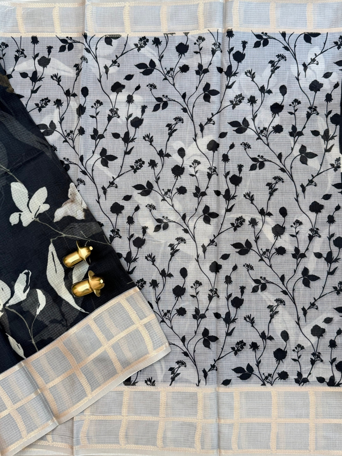 Premium Soft Semi Tussar Kota Weaving with Digital Prints - Black with Grey