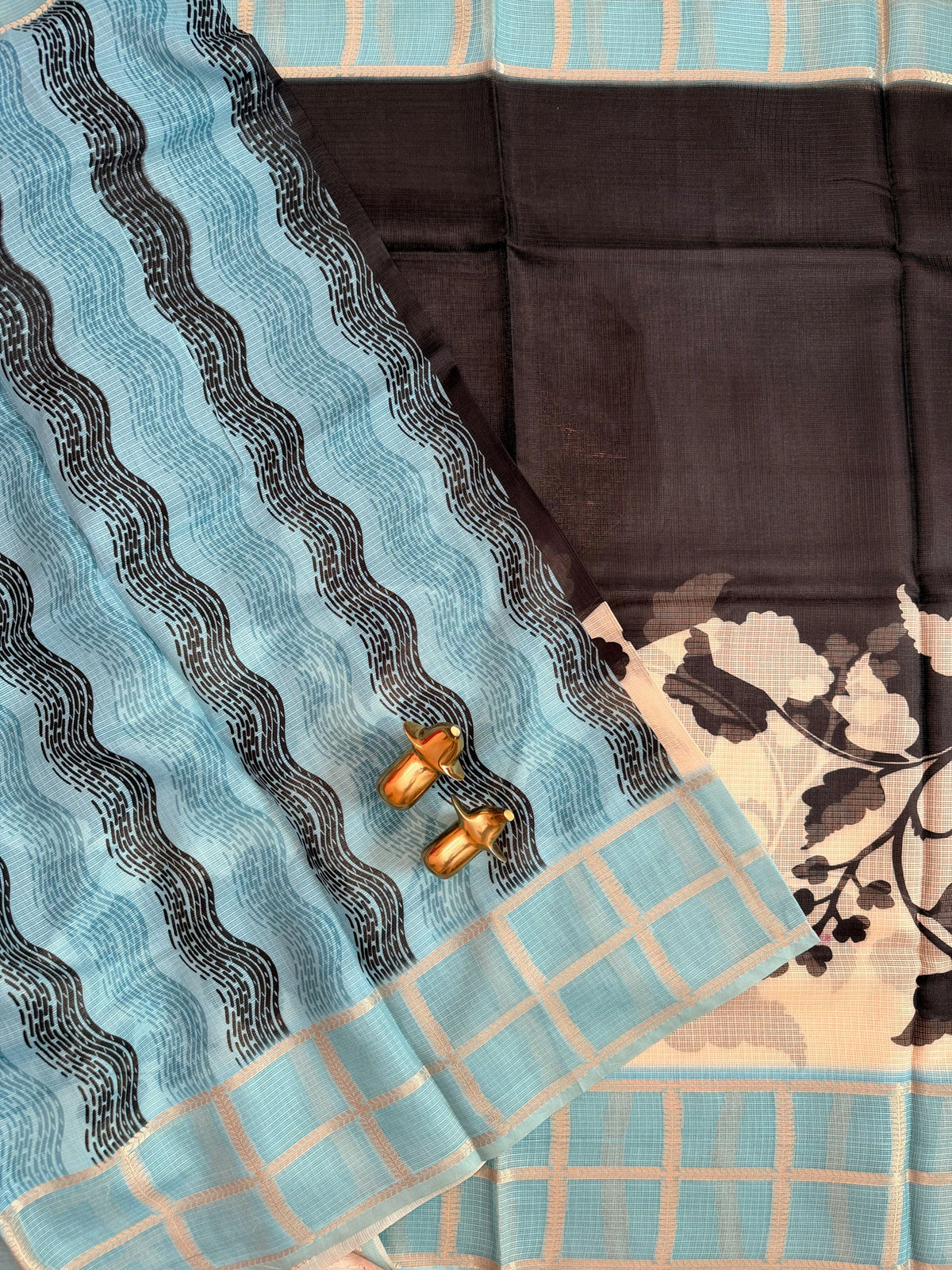Premium Soft Semi Tussar Kota Weaving with Digital Prints - Cream with Blue