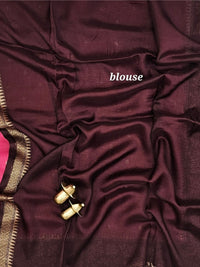 Jute Banarasi Silk Saree - Dark Onion Pink with Dark Brown