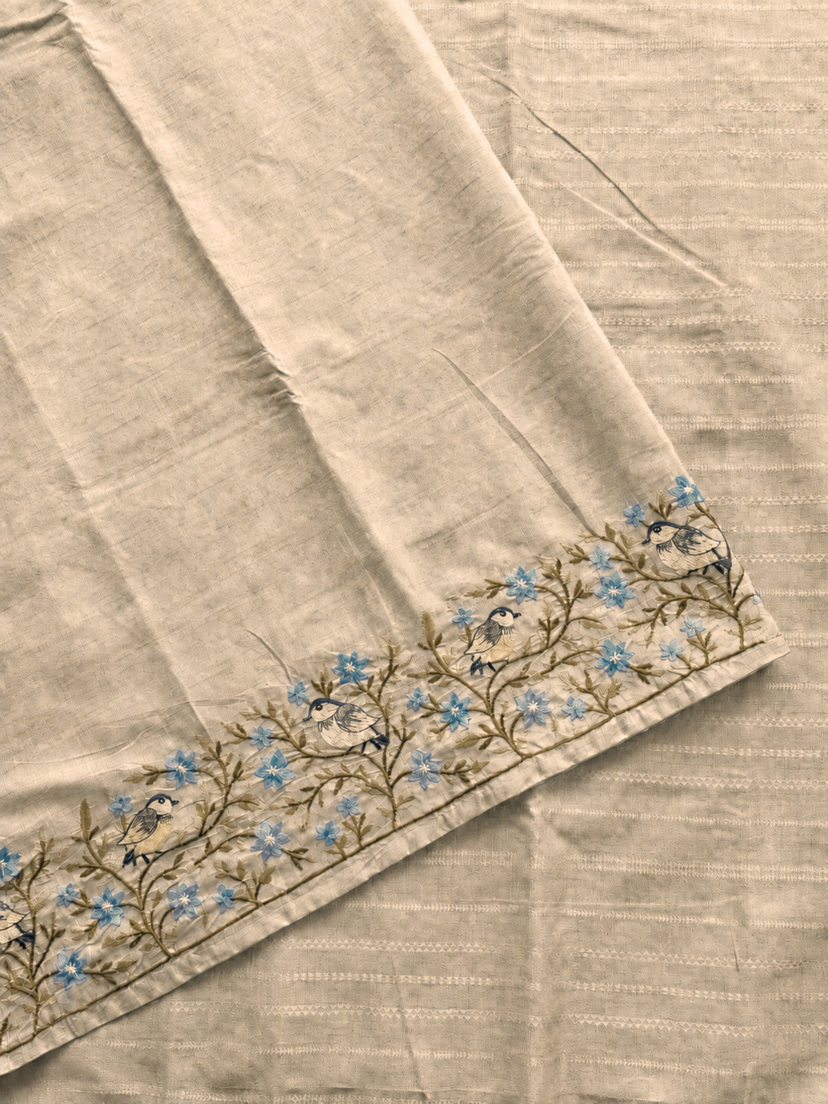 Premium Semi Tussar Zari Woven with Beautiful Emboridery Saree - Cream with Blue