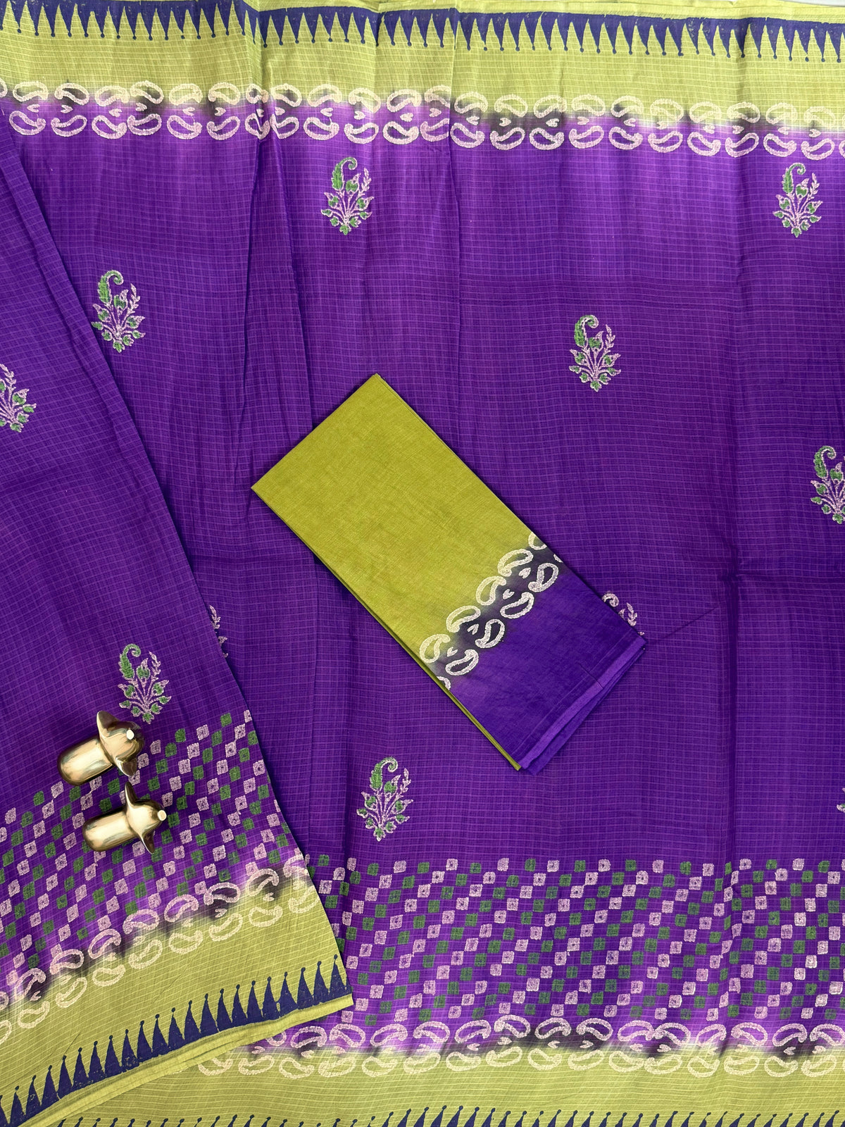 Pure Cotton with Checks Hand Block Prints - Purple with Green