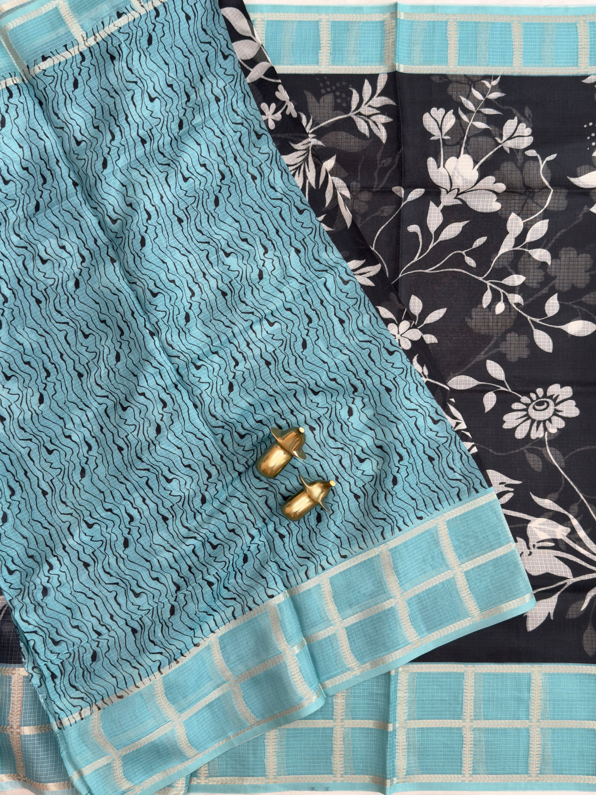 Premium Soft Semi Tussar Kota Weaving with Digital Prints - Black with Blue