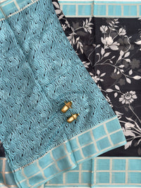 Premium Soft Semi Tussar Kota Weaving with Digital Prints - Black with Blue