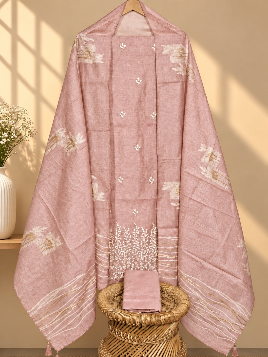 Premium Linen Tissue with Beads Work Unstitched Salwar - Pink