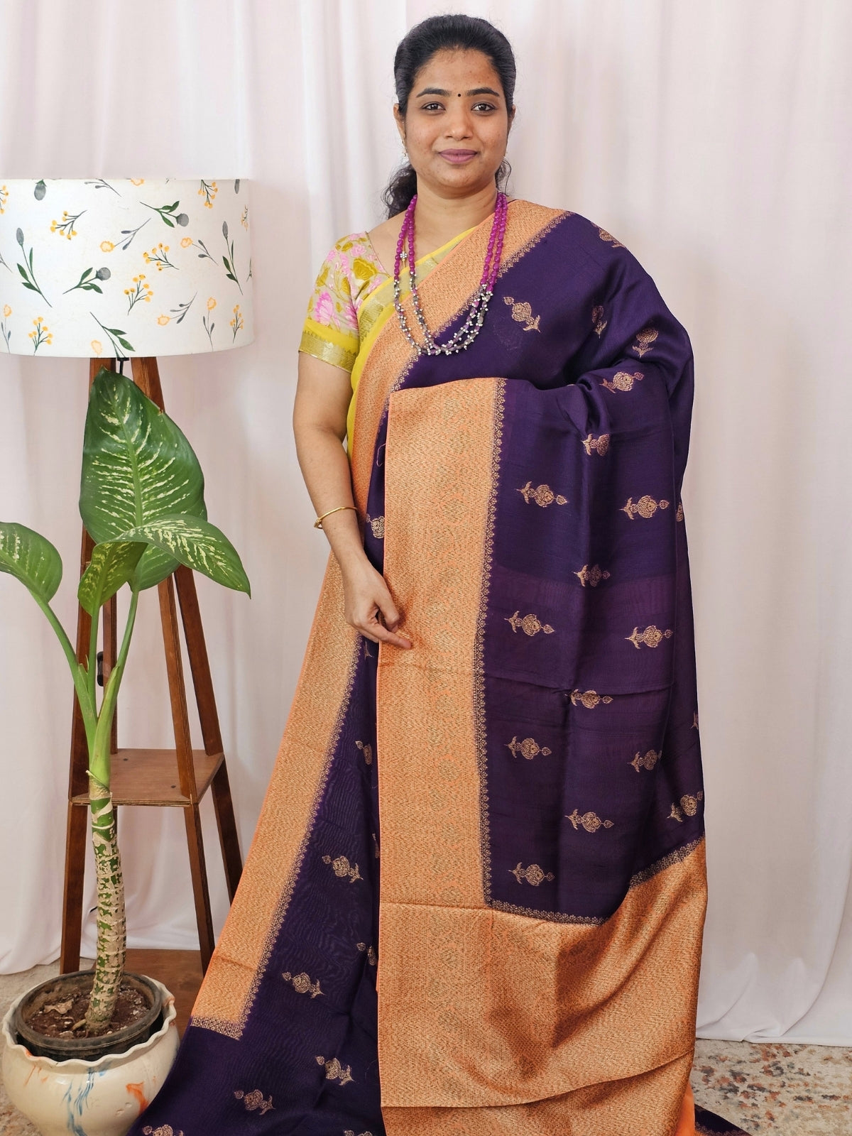 Jute Banarasi Silk Saree - Dark Purple with Peachy Orange