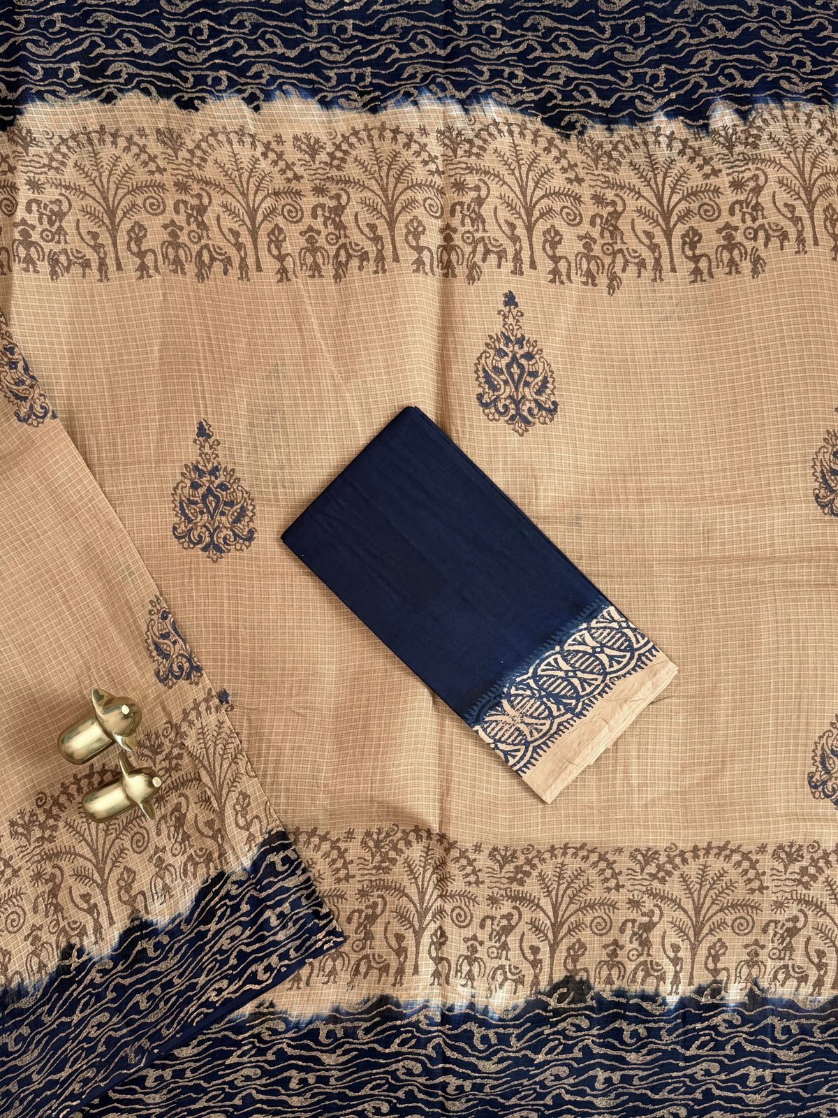 Pure Cotton with Checks Hand Block Prints - Beige with Blue