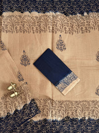 Pure Cotton with Checks Hand Block Prints - Beige with Blue