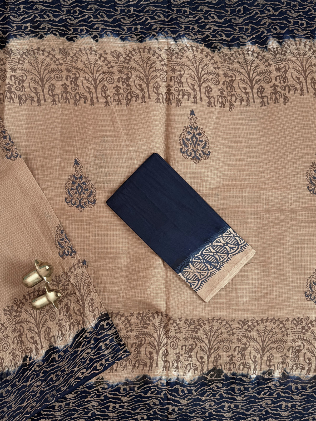 Pure Cotton with Checks Hand Block Prints - Beige with Blue