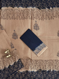 Pure Cotton with Checks Hand Block Prints - Beige with Blue