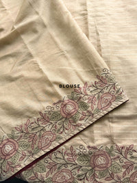 Premium Semi Tussar Zari Woven with Beautiful Emboridery Saree - Cream with Onion Pink