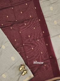 Semi Maheswari Silk Cotton Saree - Beige with Maroon