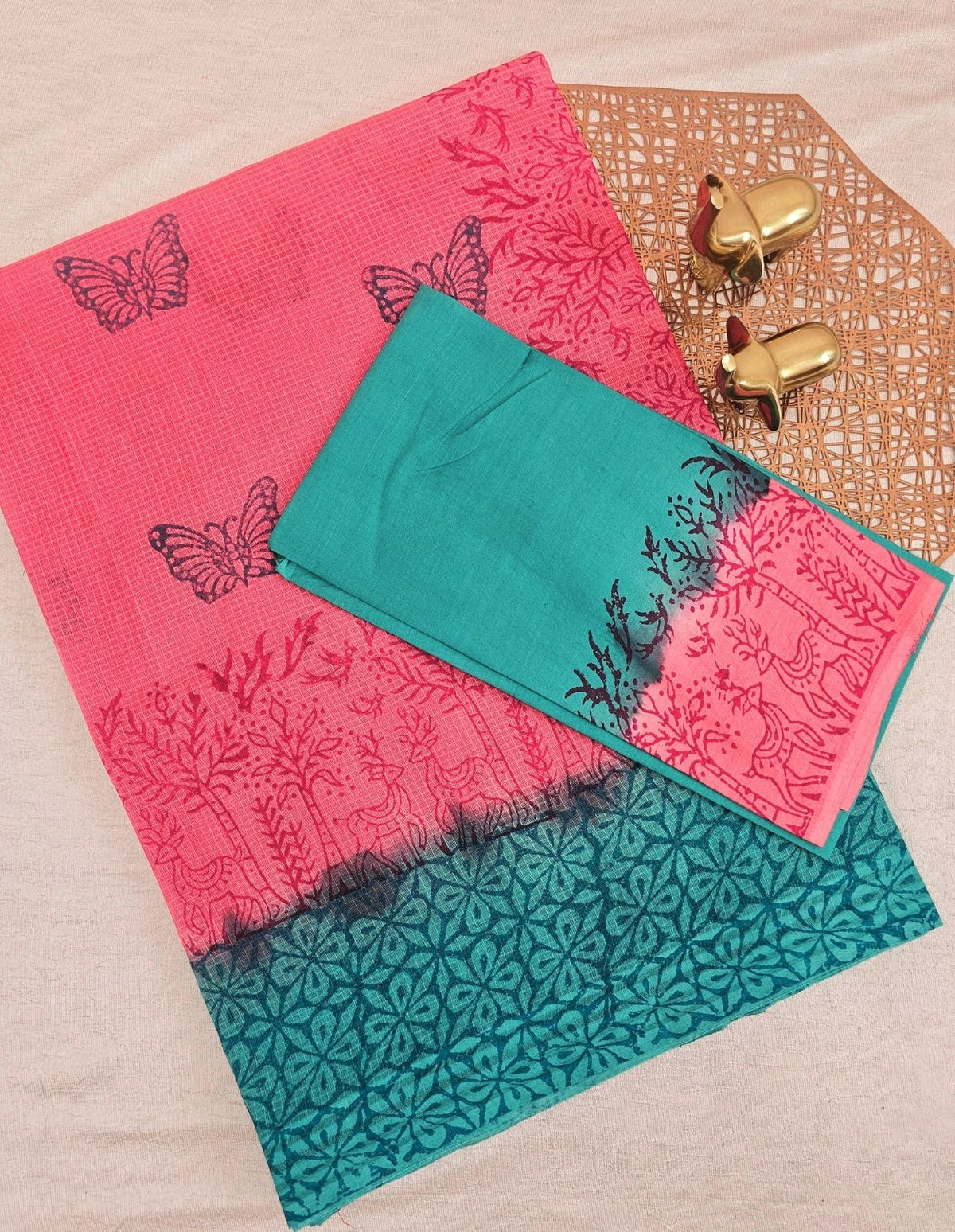Pure Cotton with Checks Hand Block Prints - Peaching Pink with Rama Green