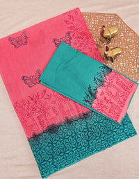 Pure Cotton with Checks Hand Block Prints - Peaching Pink with Rama Green