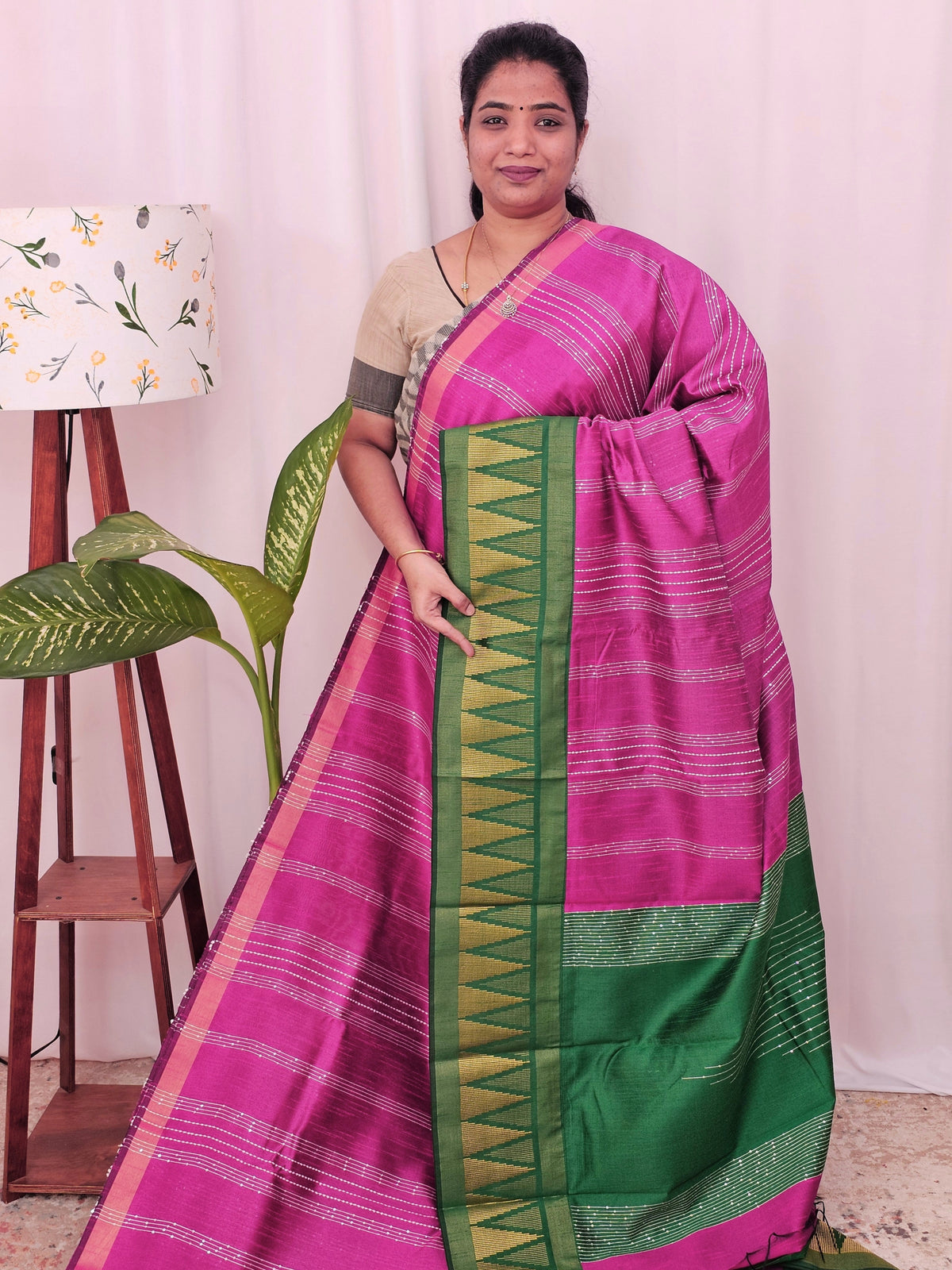 Semi Raw Silk Saree - Pink with Green