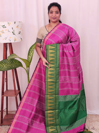 Semi Raw Silk Saree - Pink with Green