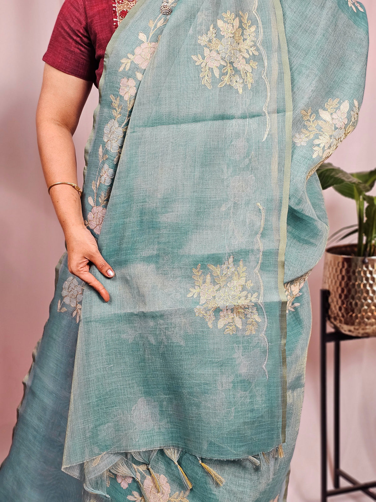 Linen Tissue with Aari Work - Blue