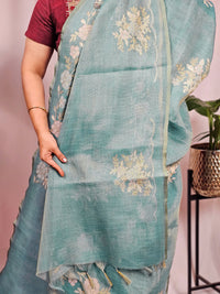 Linen Tissue with Aari Work - Blue