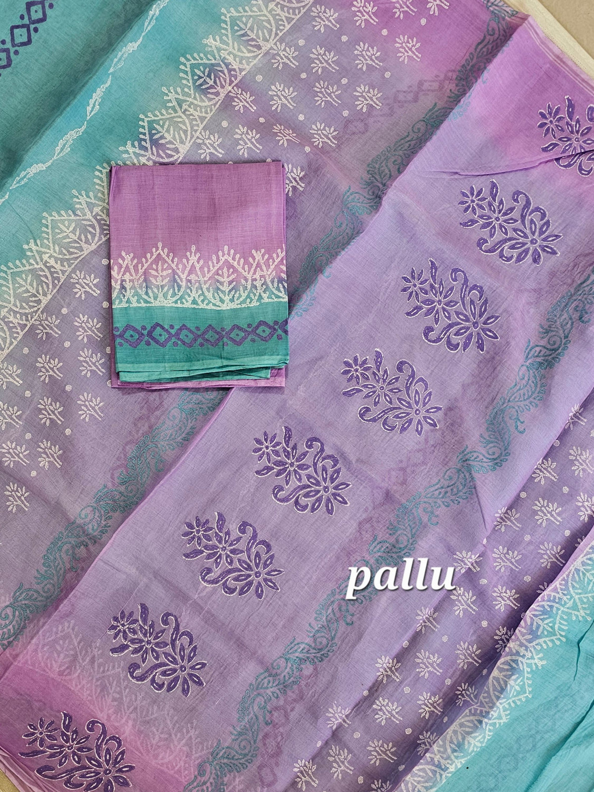 Pure Cotton with Hand Block Prints - Sea Blue with Lavender