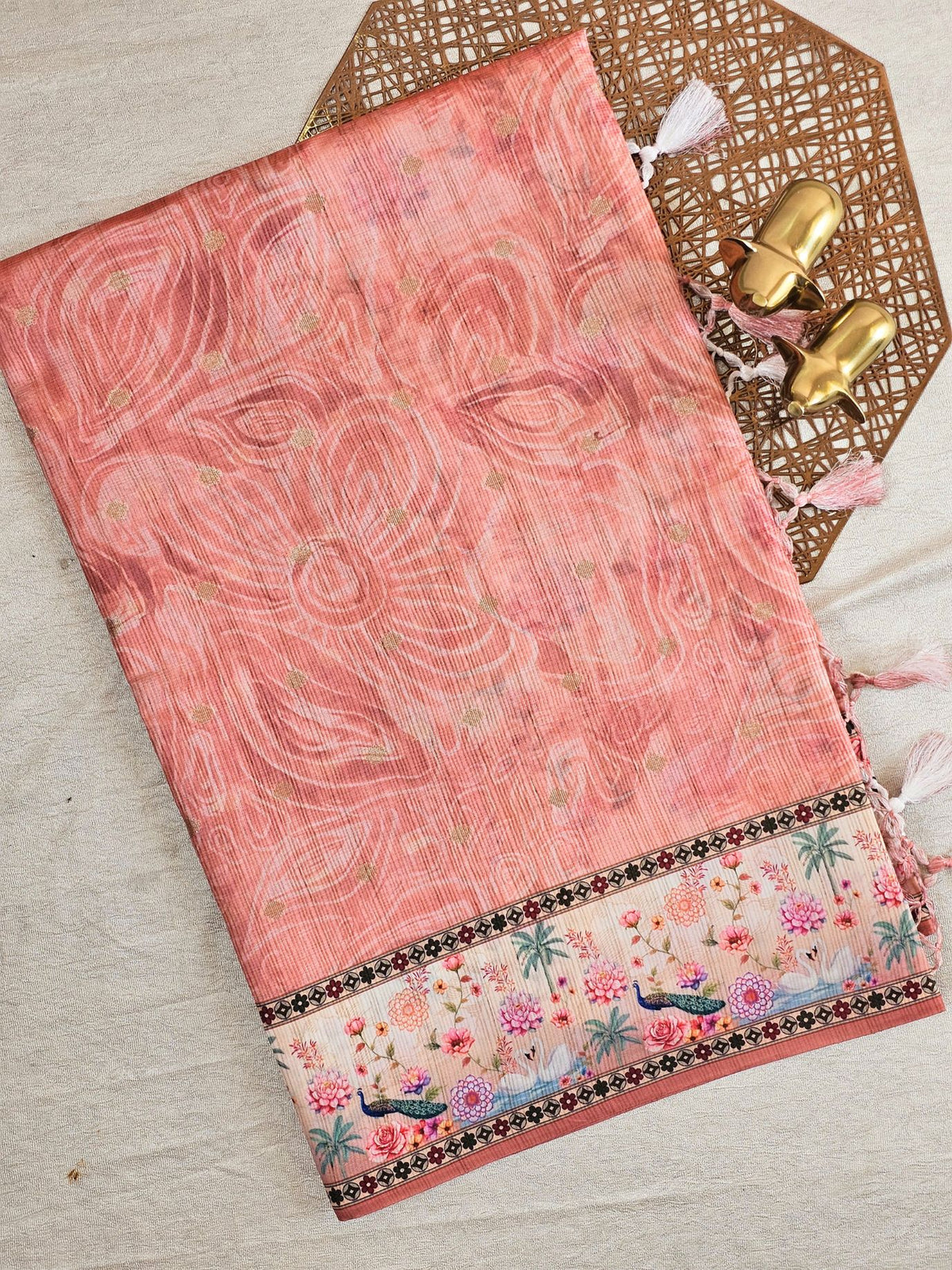 Unique Semi Tussar with Zari Weaving Butti - Peach