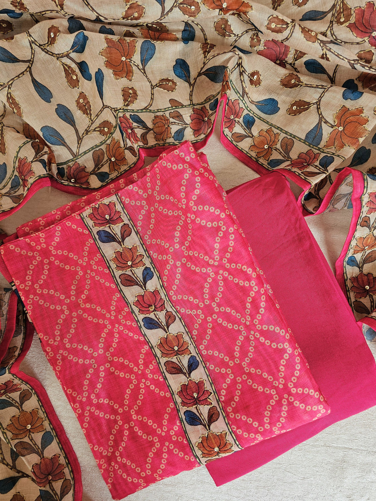 Chanderi with Kantha Unstitched Salwar Suit - Pink