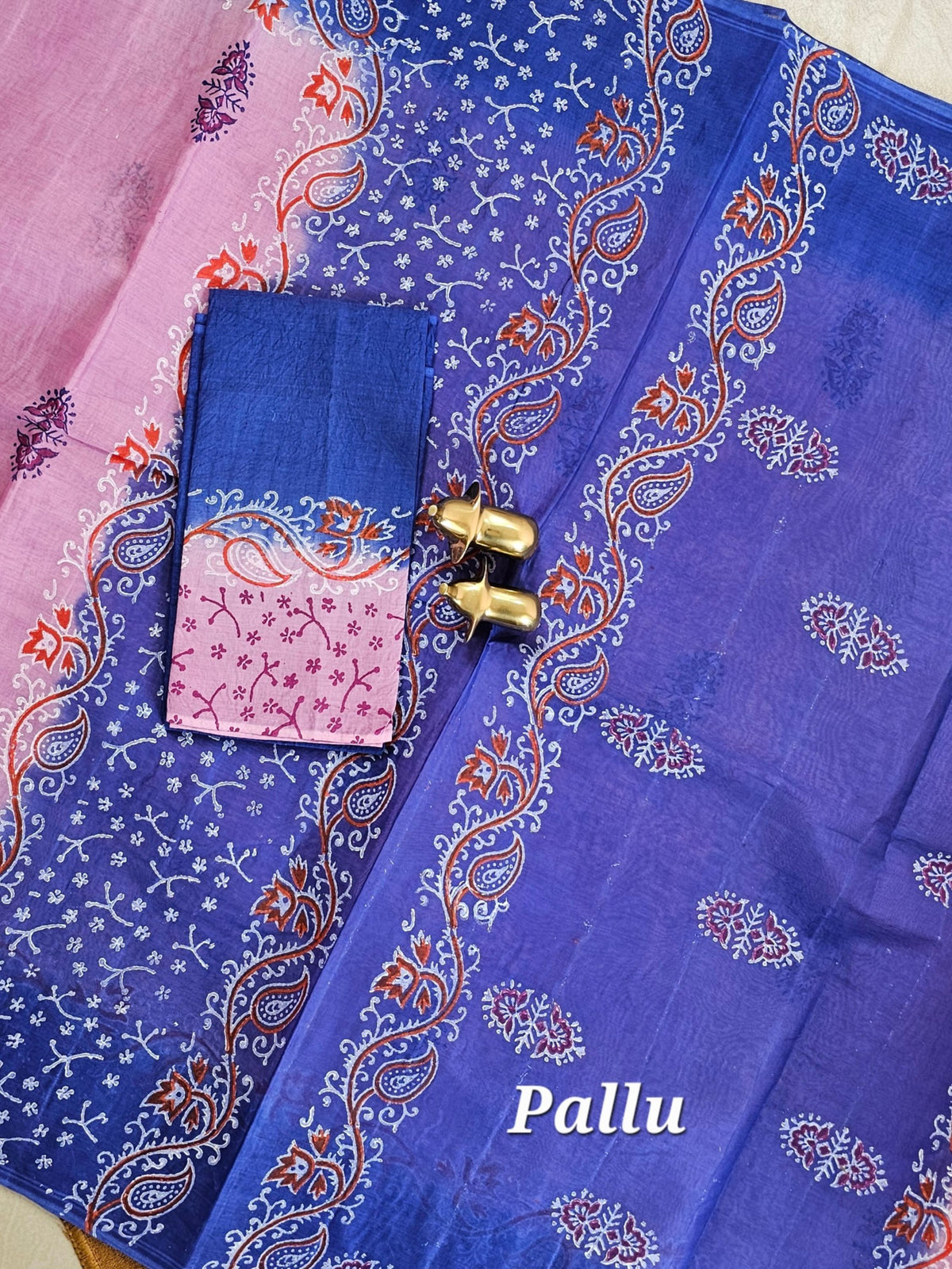 Pure Cotton with Hand Block Prints - Pink with Blue