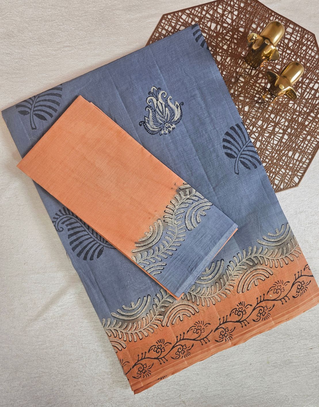 Pure Cotton with Hand Block Prints - Grey with Brown